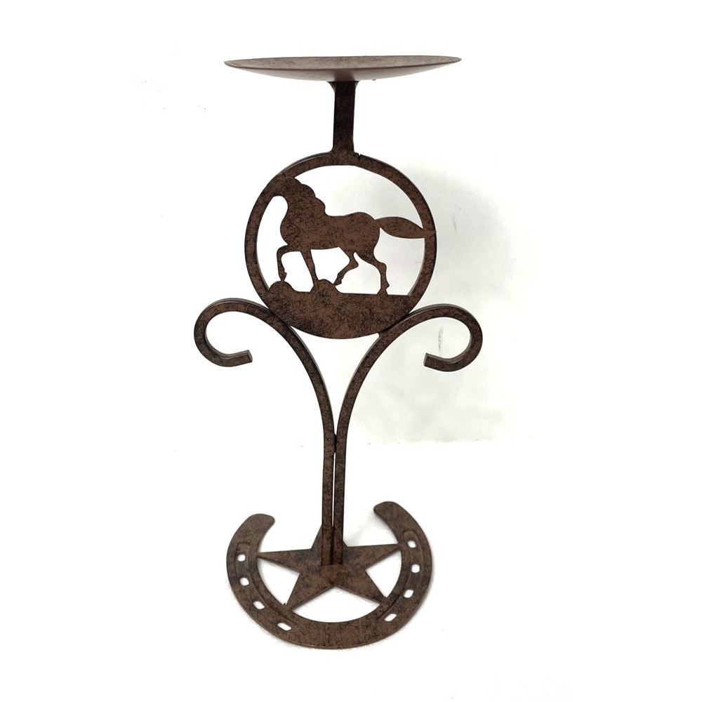 Equestrian Horse Candle Holder 9" H Bronze Toned Metal Horseshoe Star Farm Ranch